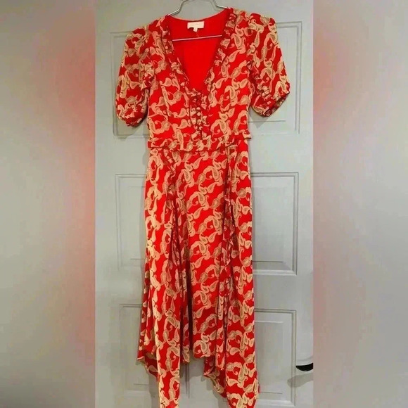 MELLODAY Dresses & Skirts - MELLODAY V-Neck Short Sleeve Paisley Print Midi Dress In Red Cream